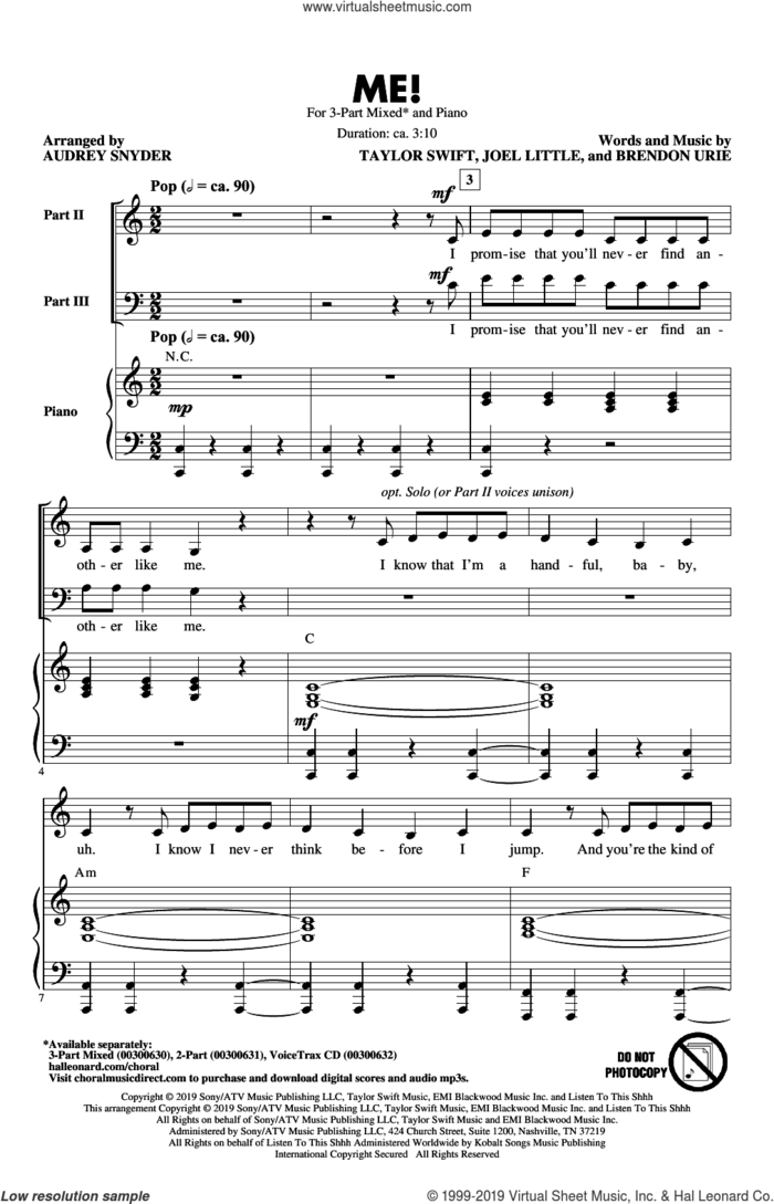 ME! (arr. Audrey Snyder) sheet music for choir (3-Part Mixed) by Taylor Swift, Audrey Snyder, Brendon Urie and Joel Little, intermediate skill level