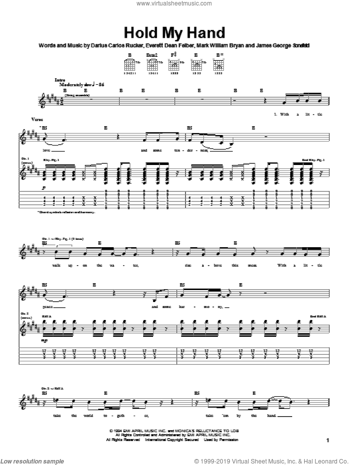 Hold My Hand sheet music for guitar (tablature) by Hootie & The Blowfish, Darius Carlos Rucker, Everett Dean Felber and Mark William Bryan, intermediate skill level