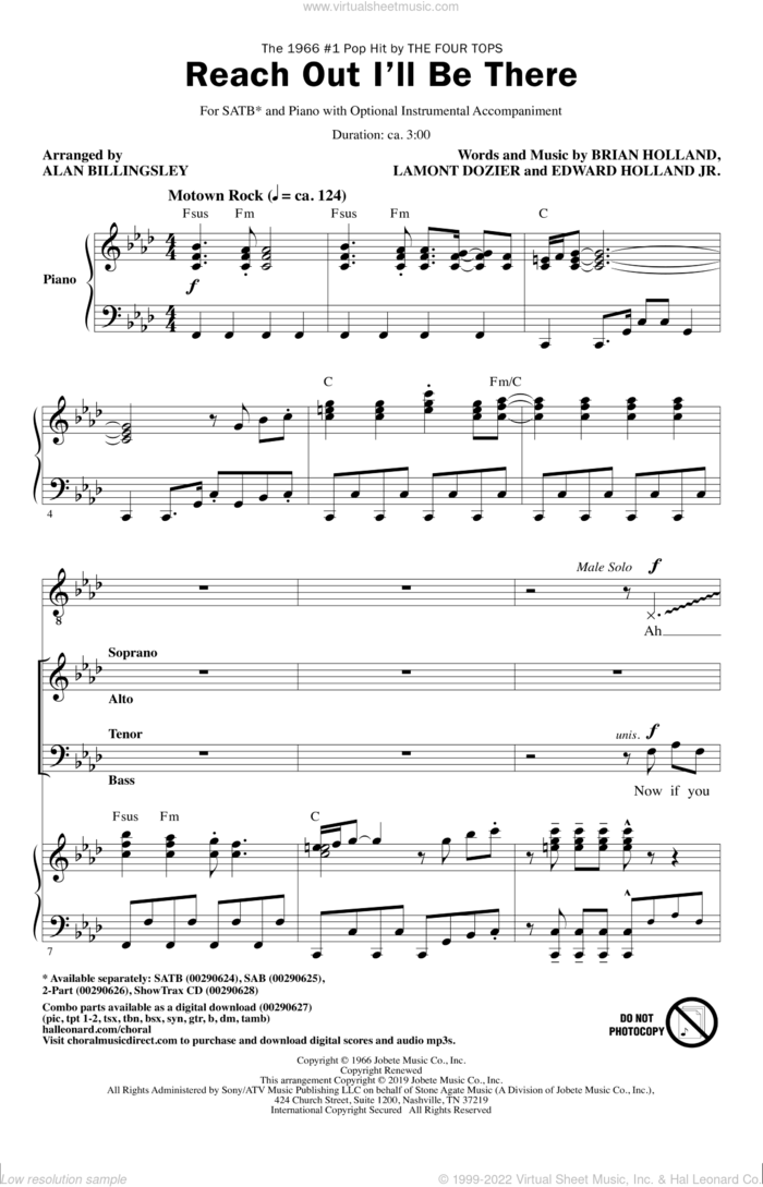 Reach Out I'll Be There (arr. Alan Billingsley) sheet music for choir (SATB: soprano, alto, tenor, bass) by The Four Tops, Alan Billingsley, Brian Holland, Edward Holland Jr. and Lamont Dozier, intermediate skill level