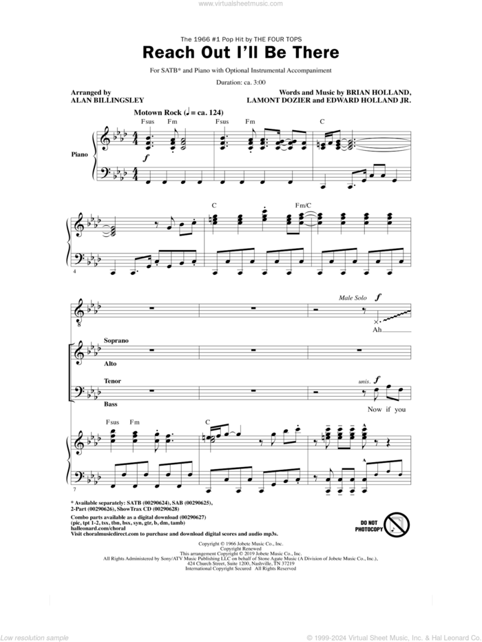 Reach Out I'll Be There (arr. Alan Billingsley) sheet music for choir (SATB: soprano, alto, tenor, bass) by The Four Tops, Alan Billingsley, Brian Holland, Edward Holland Jr. and Lamont Dozier, intermediate skill level