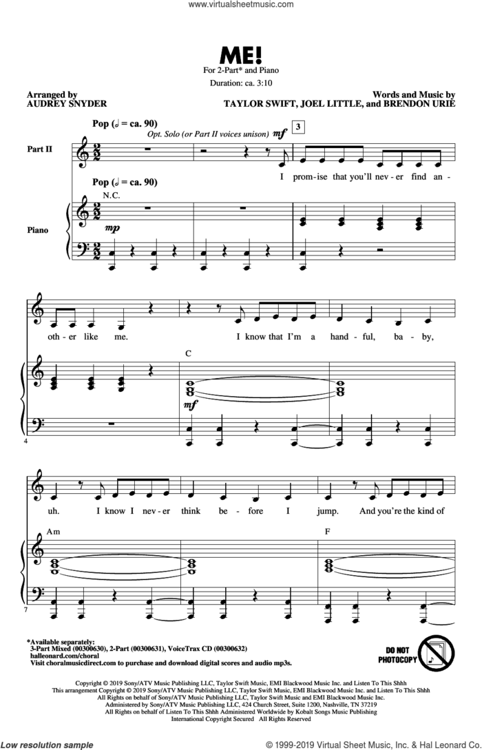 ME! (arr. Audrey Snyder) sheet music for choir (2-Part) by Taylor Swift, Audrey Snyder, Brendon Urie and Joel Little, intermediate duet