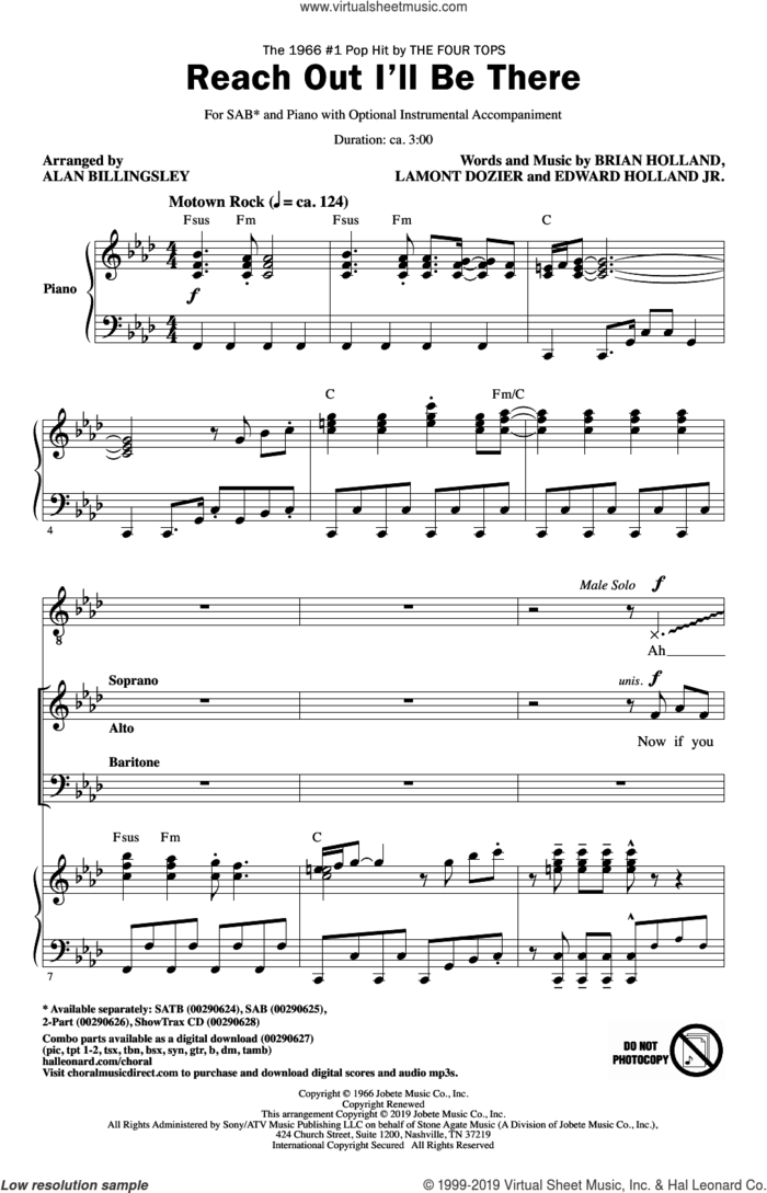 Reach Out I'll Be There (arr. Alan Billingsley) sheet music for choir (SAB: soprano, alto, bass) by The Four Tops, Alan Billingsley, Brian Holland, Edward Holland Jr. and Lamont Dozier, intermediate skill level