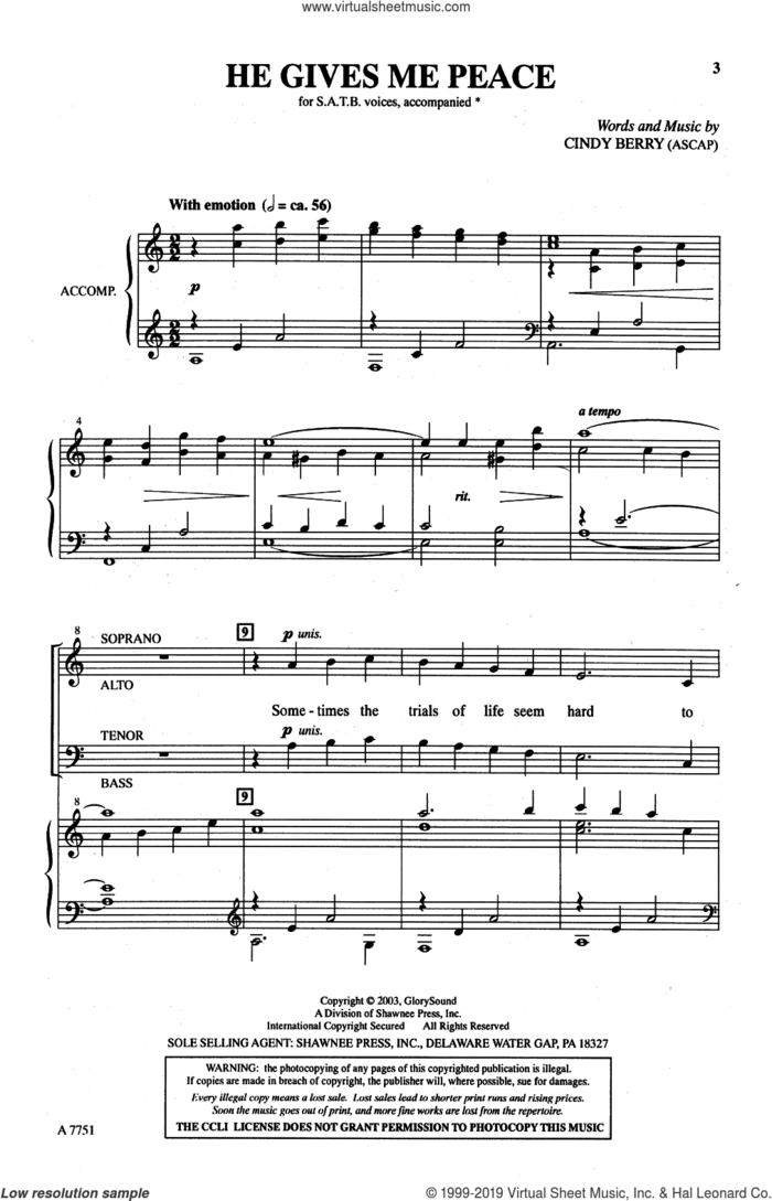He Gives Me Peace sheet music for choir (SATB: soprano, alto, tenor, bass) by Cindy Berry and Stan Pethel, intermediate skill level