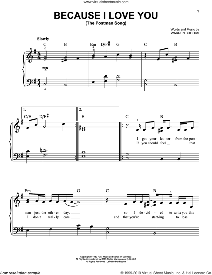 Because I Love You (The Postman Song) sheet music for piano solo by Stevie B and Warren Brooks, easy skill level