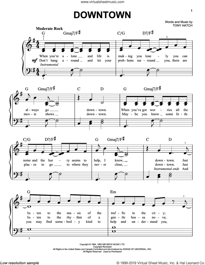 Downtown, (easy) sheet music for piano solo by Petula Clark and Tony Hatch, easy skill level