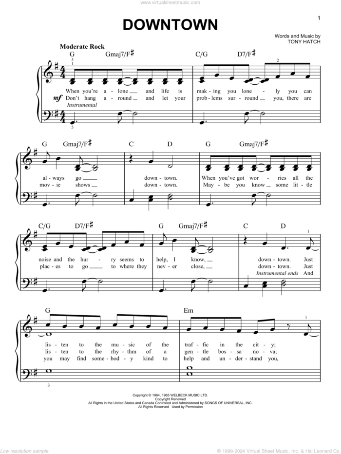 Downtown, (easy) sheet music for piano solo by Petula Clark and Tony Hatch, easy skill level