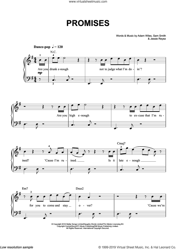 Promises (feat. Sam Smith) sheet music for piano solo by Calvin Harris, Jessica Reyes and Sam Smith, easy skill level