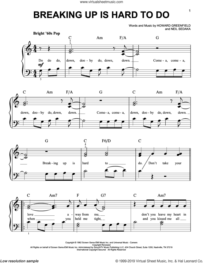 Breaking Up Is Hard To Do sheet music for piano solo by Neil Sedaka and Howard Greenfield, easy skill level