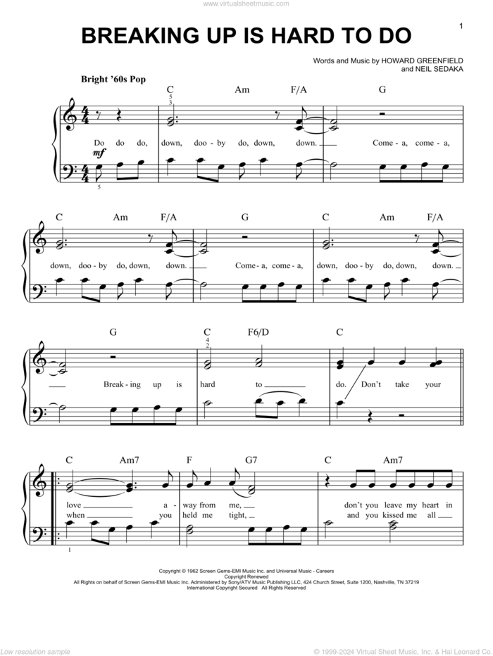 Breaking Up Is Hard To Do, (easy) sheet music for piano solo by Neil Sedaka and Howard Greenfield, easy skill level