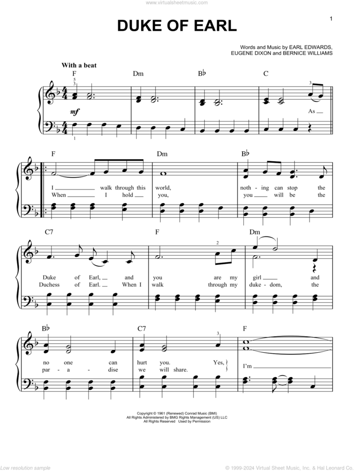 Duke Of Earl sheet music for piano solo by Gene Chandler, Bernice Williams, Earl Edwards and Eugene Dixon, easy skill level