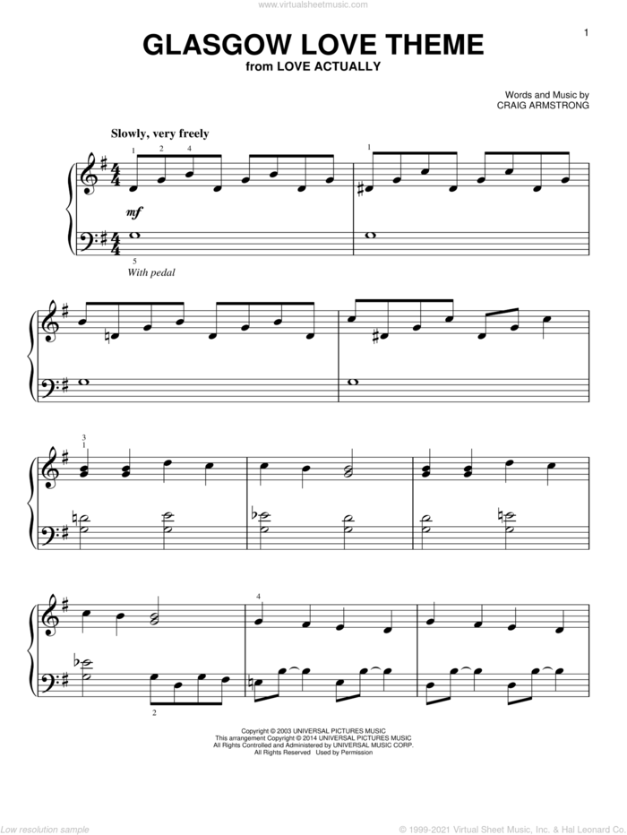 Glasgow Love Theme (from Love Actually) sheet music for piano solo by Craig Armstrong, easy skill level