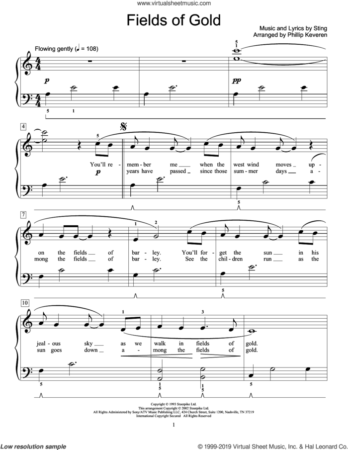 Fields Of Gold (arr. Phillip Keveren) sheet music for piano solo (elementary) by Sting and Phillip Keveren, beginner piano (elementary)