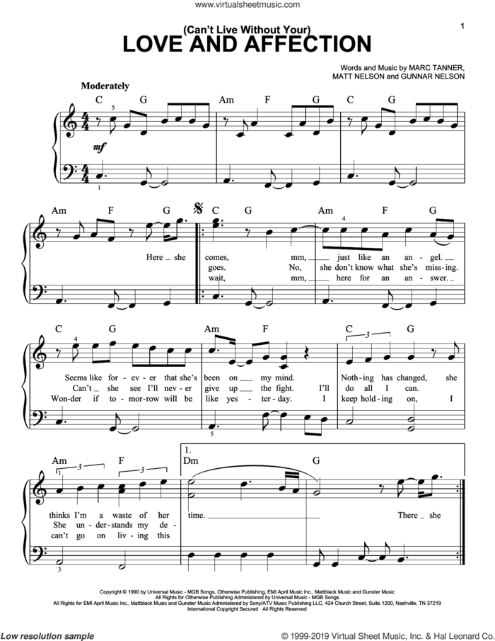 (Can't Live Without Your) Love And Affection sheet music for piano solo by Nelson, Gunnar Nelson, Marc Tanner and Matt Nelson, easy skill level