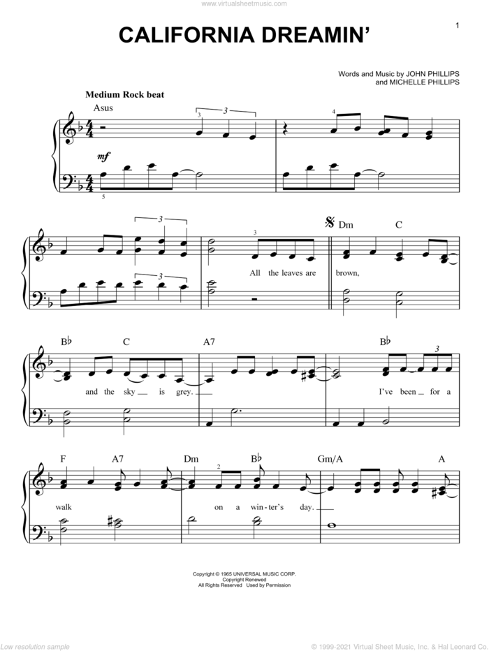California Dreamin' sheet music for piano solo by The Mamas & The Papas, John Phillips and Michelle Phillips, easy skill level