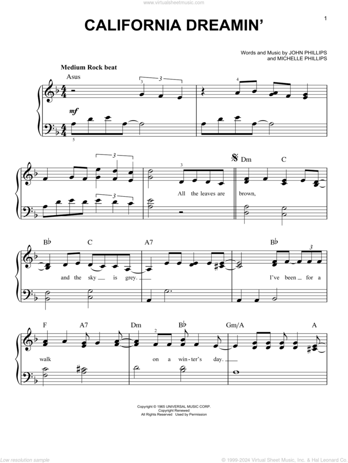 California Dreamin' sheet music for piano solo by The Mamas & The Papas, John Phillips and Michelle Phillips, easy skill level