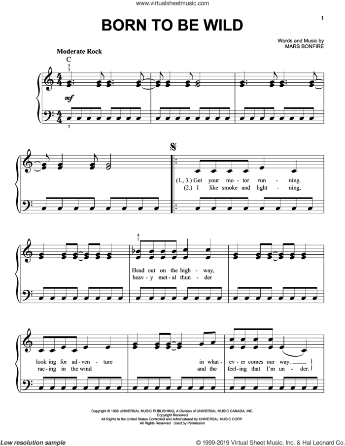 Born To Be Wild, (easy) sheet music for piano solo by Steppenwolf and Mars Bonfire, easy skill level