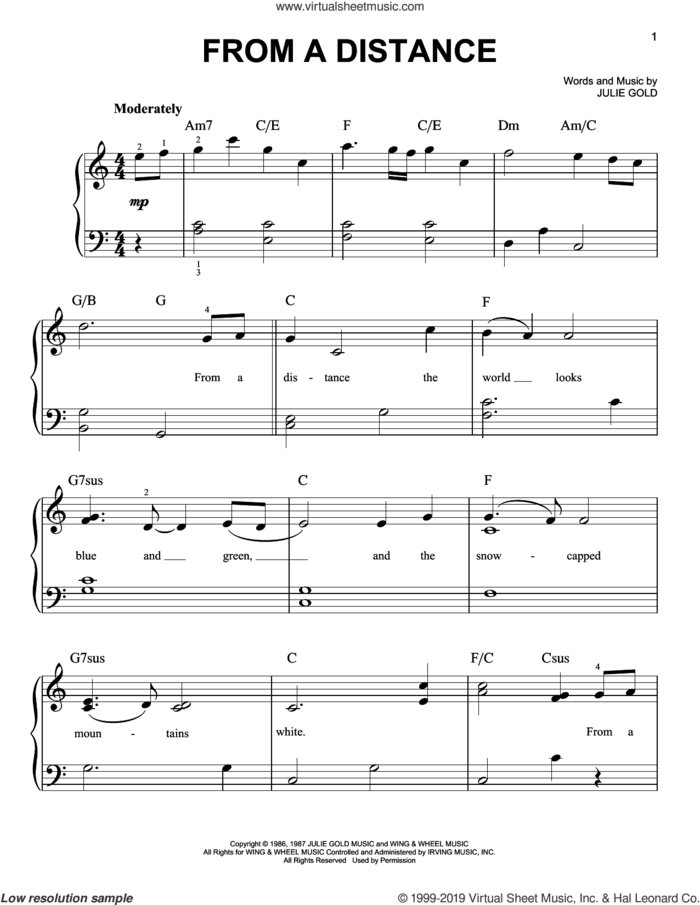 From A Distance, (easy) sheet music for piano solo by Bette Midler and Julie Gold, easy skill level