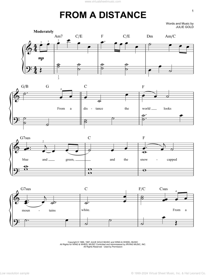 From A Distance, (easy) sheet music for piano solo by Bette Midler and Julie Gold, easy skill level