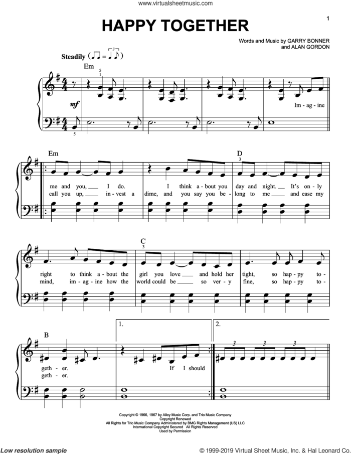 Happy Together sheet music for piano solo by The Turtles, Alan Gordon and Garry Bonner, easy skill level