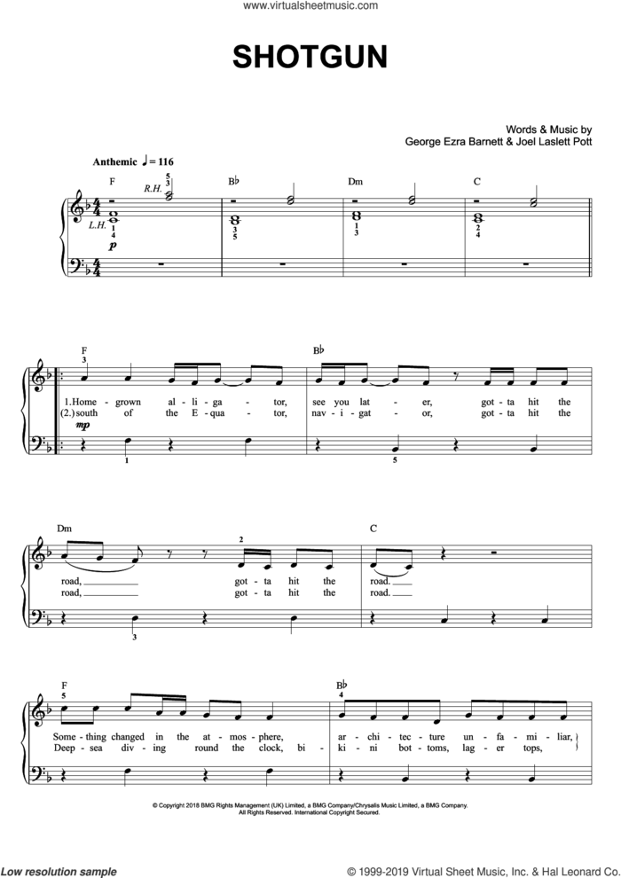 Shotgun, (easy) sheet music for piano solo by George Ezra, Fred Gibson, George Barnet and Joel Laslett Pott, easy skill level