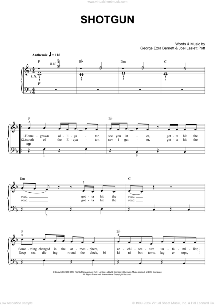 Shotgun, (easy) sheet music for piano solo by George Ezra, Fred Gibson, George Barnet and Joel Laslett Pott, easy skill level