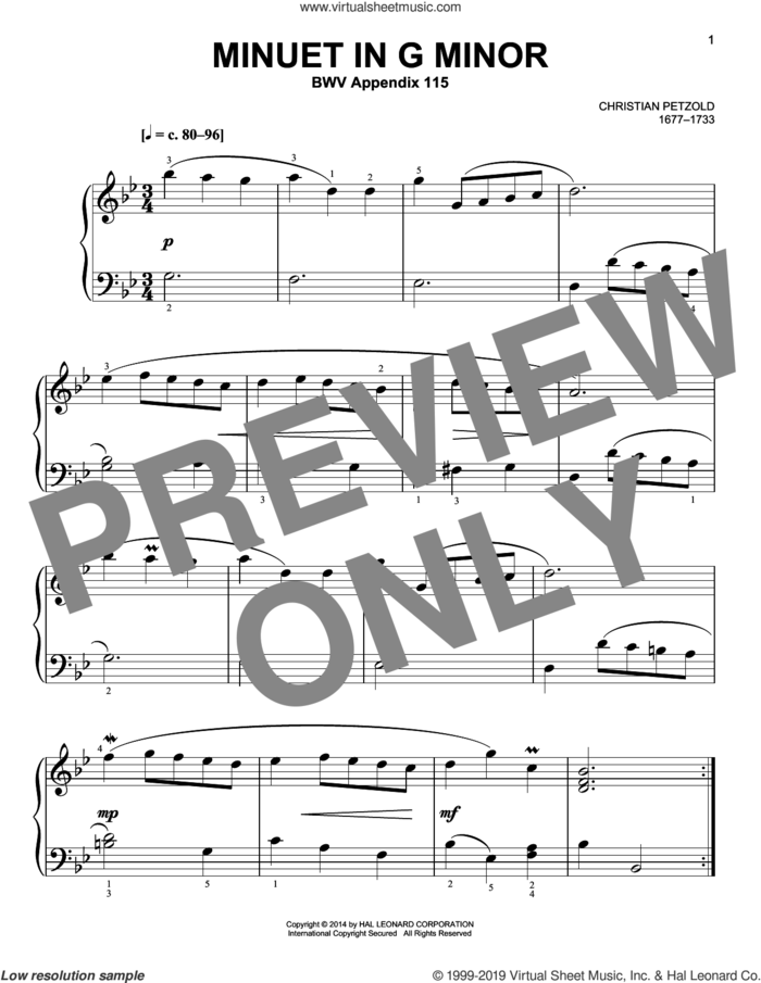 Minuet In G Minor, BWV Anh. 115 sheet music for piano solo by Christian Petzold, classical score, easy skill level