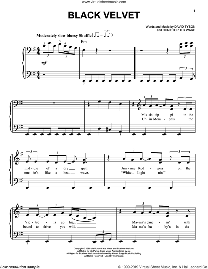 Black Velvet sheet music for piano solo by Alannah Myles, Christopher Ward and David Tyson, easy skill level
