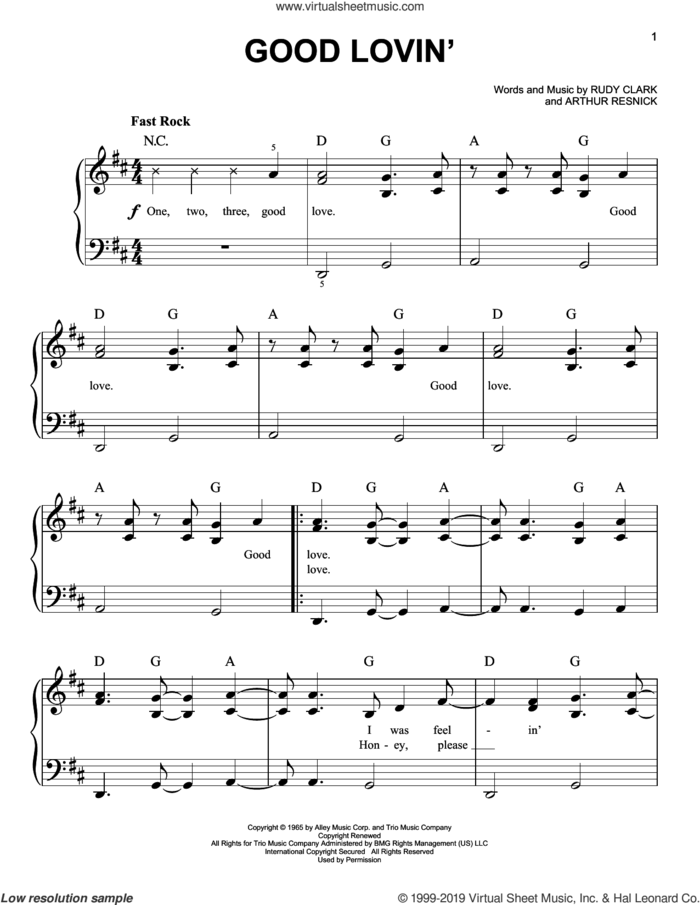 Good Lovin' sheet music for piano solo by The Young Rascals, Arthur Resnick and Rudy Clark, easy skill level