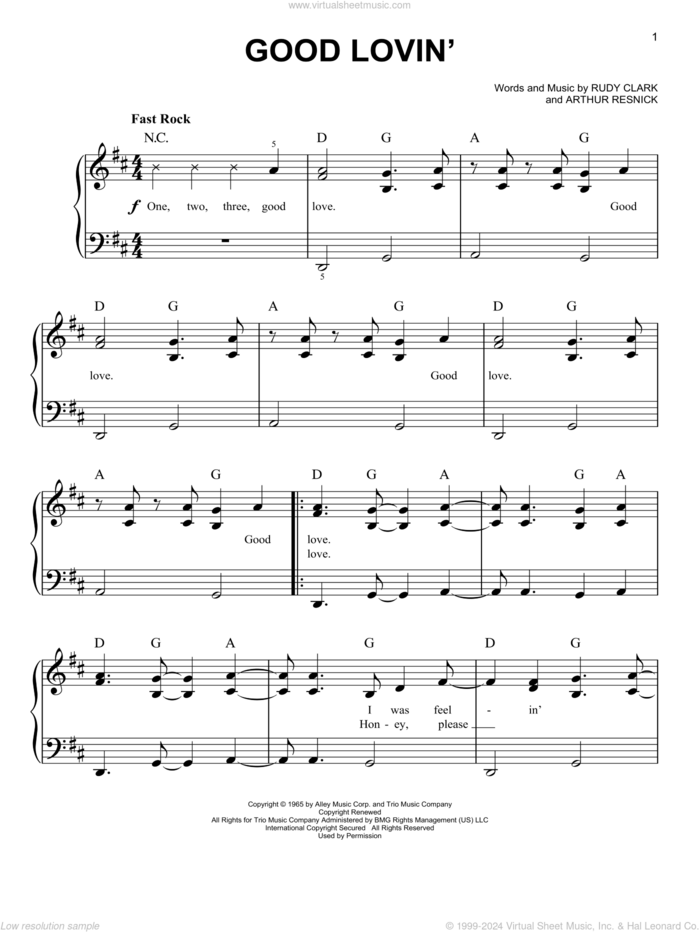 Good Lovin' sheet music for piano solo by The Young Rascals, Arthur Resnick and Rudy Clark, easy skill level