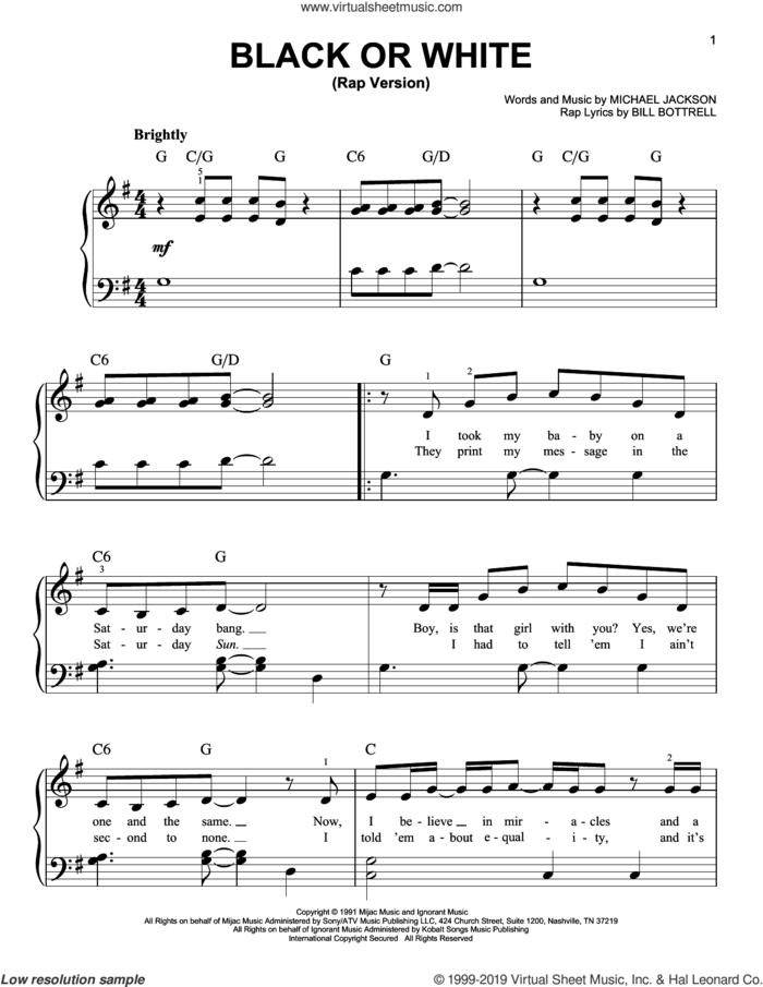Black Or White (Rap Version) sheet music for piano solo by Michael Jackson and Bill Bottrell, easy skill level