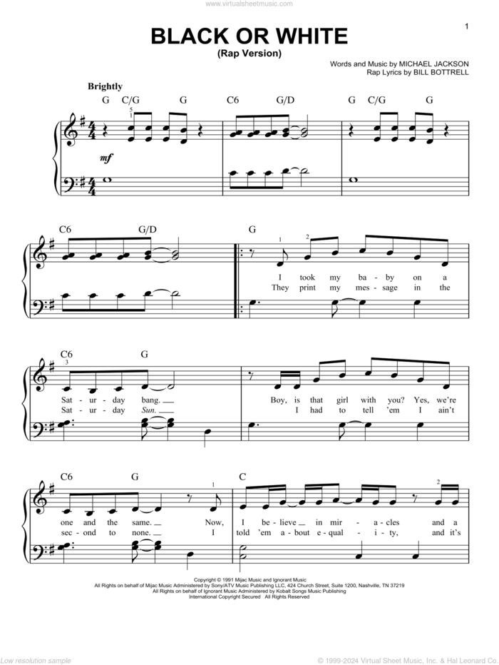 Black Or White (Rap Version) sheet music for piano solo by Michael Jackson and Bill Bottrell, easy skill level