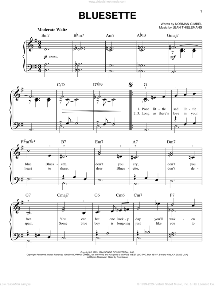 Bluesette, (easy) sheet music for piano solo by Toots Thielmans, Jean Thielemans and Norman Gimbel, easy skill level