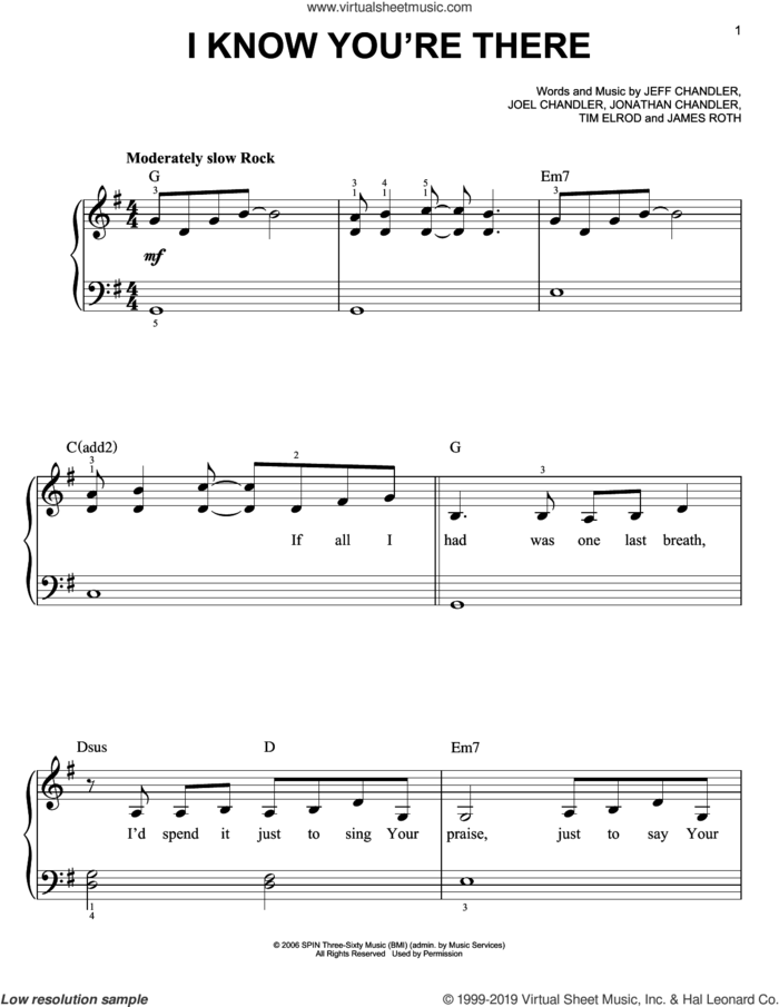I Know You're There sheet music for piano solo by Casting Crowns, James Roth, Jeff Chandler, Joel Chandler, Jonathan Chandler and Tim Elrod, easy skill level