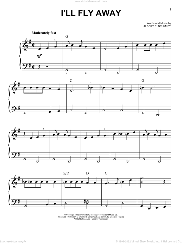 I'll Fly Away sheet music for piano solo  and Albert E. Brumley, easy skill level