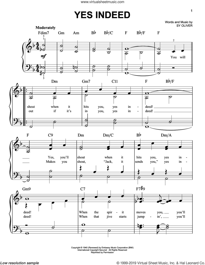 Yes Indeed sheet music for piano solo by Sy Oliver, easy skill level