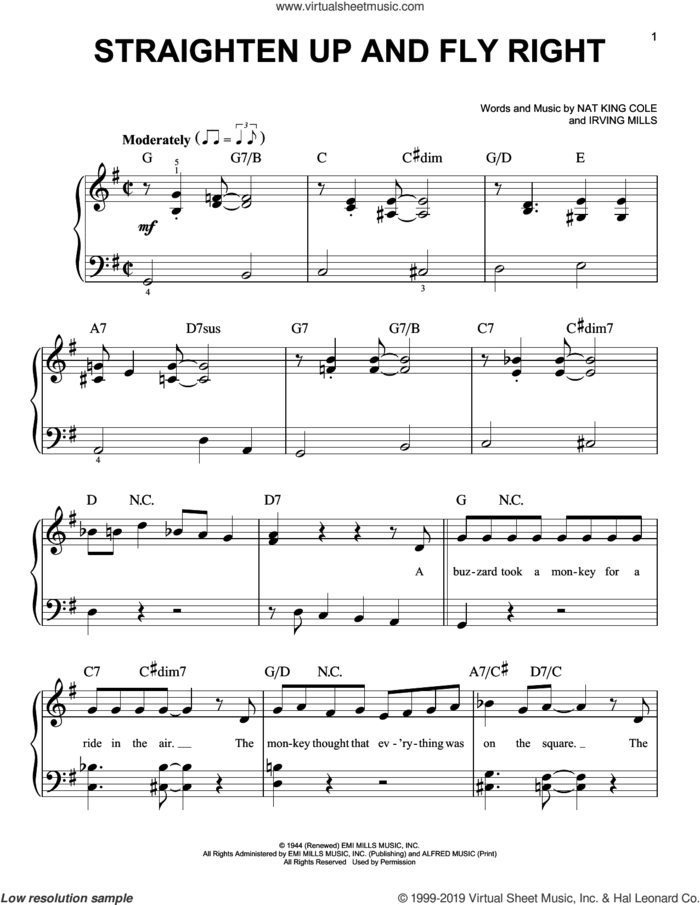 Straighten Up And Fly Right sheet music for piano solo by Nat King Cole and Irving Mills, easy skill level