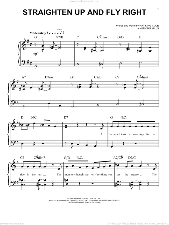 Straighten Up And Fly Right sheet music for piano solo by Nat King Cole and Irving Mills, easy skill level