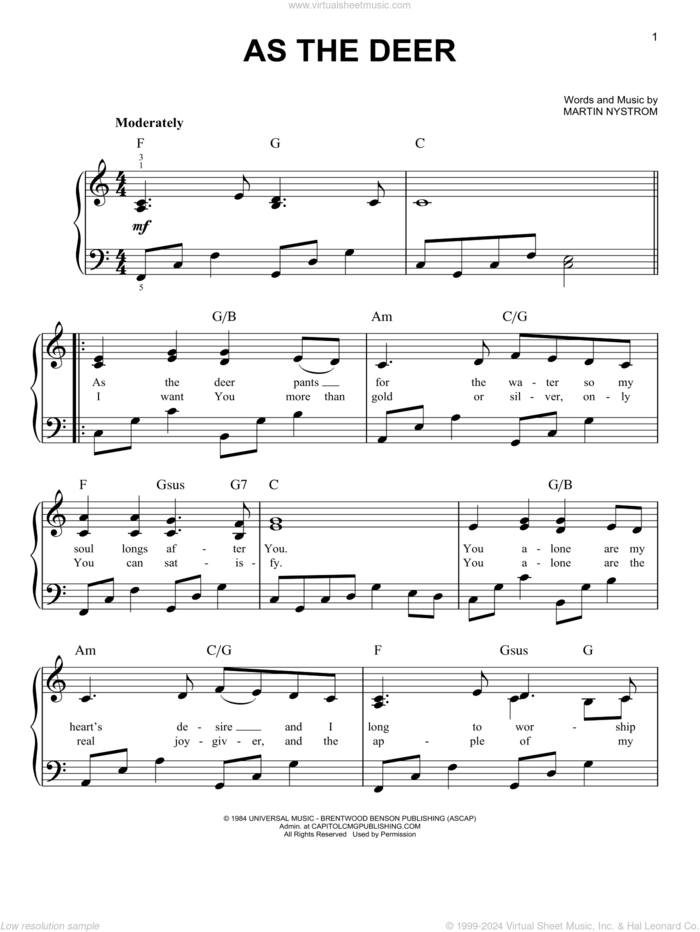 As The Deer, (easy) sheet music for piano solo by Martin Nystrom, easy skill level