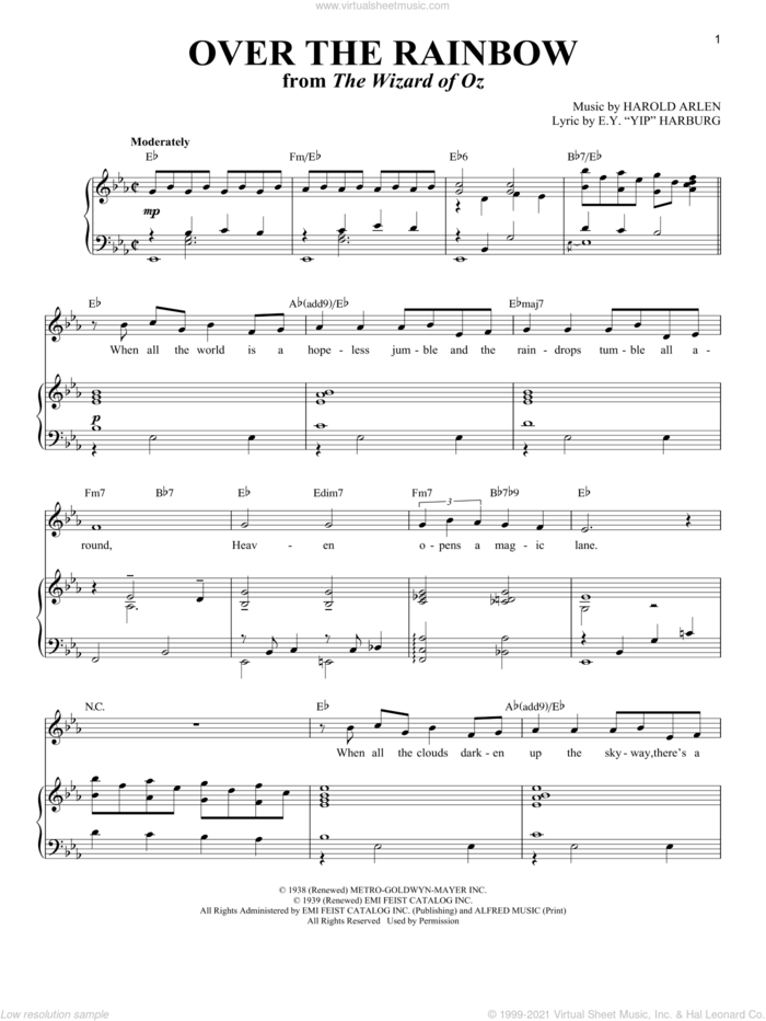 Over The Rainbow sheet music for voice and piano (Tenor) by Harold Arlen, Richard Walters and E.Y. Harburg, intermediate skill level