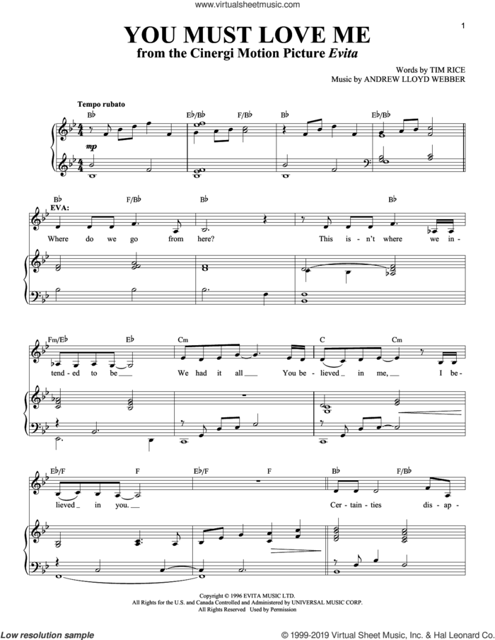 You Must Love Me (from Evita) sheet music for voice and piano by Andrew Lloyd Webber and Tim Rice, intermediate skill level