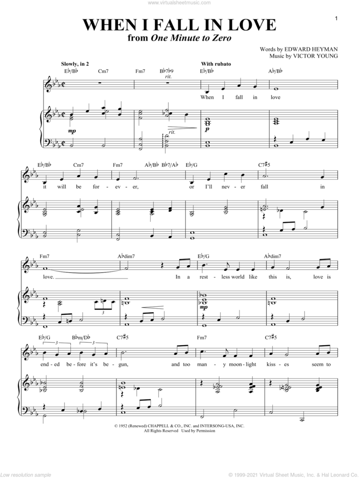 When I Fall In Love sheet music for voice and piano by Victor Young, Richard Walters and Edward Heyman, intermediate skill level