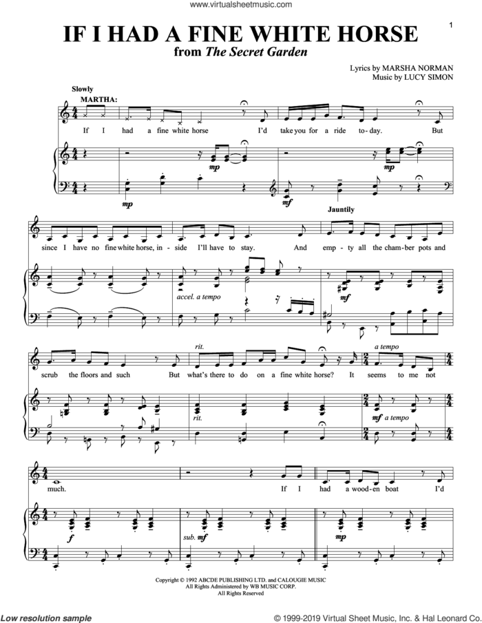 If I Had A Fine White Horse sheet music for voice and piano by Marsha Norman and Lucy Simon, intermediate skill level