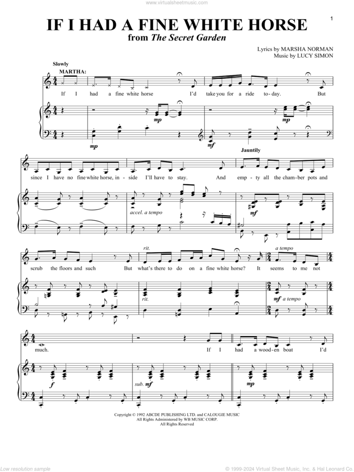 If I Had A Fine White Horse sheet music for voice and piano by Marsha Norman and Lucy Simon, intermediate skill level