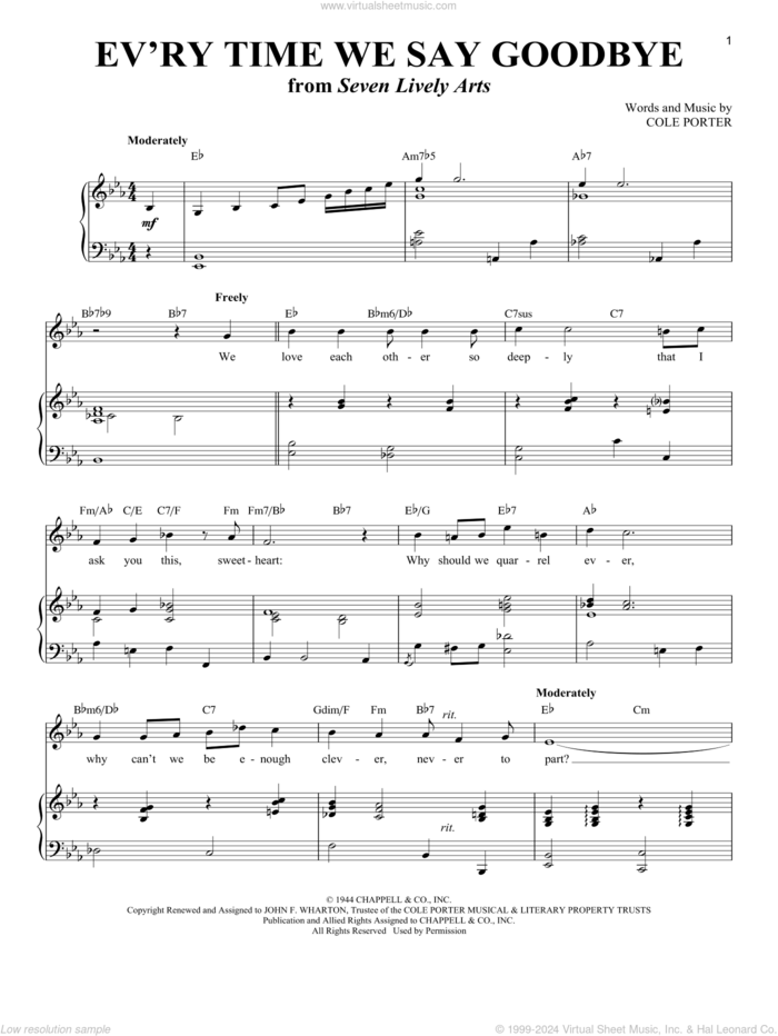 Ev'ry Time We Say Goodbye sheet music for voice and piano (Tenor) , Stan Kenton, Richard Walters and Cole Porter, intermediate skill level