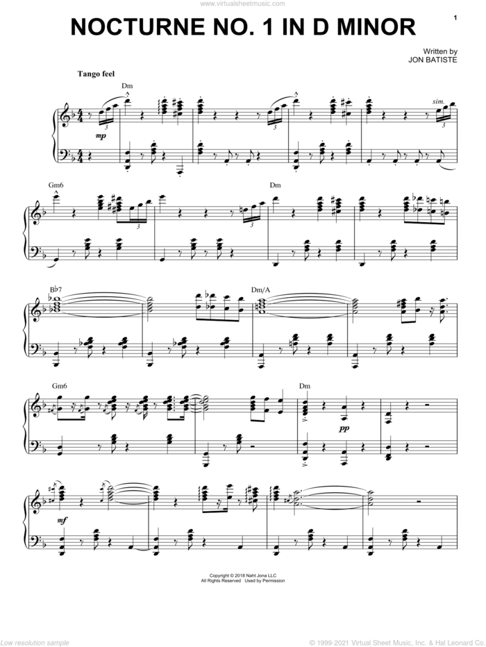 Nocturne No. 1 In D Minor sheet music for piano solo by Jon Batiste, intermediate skill level
