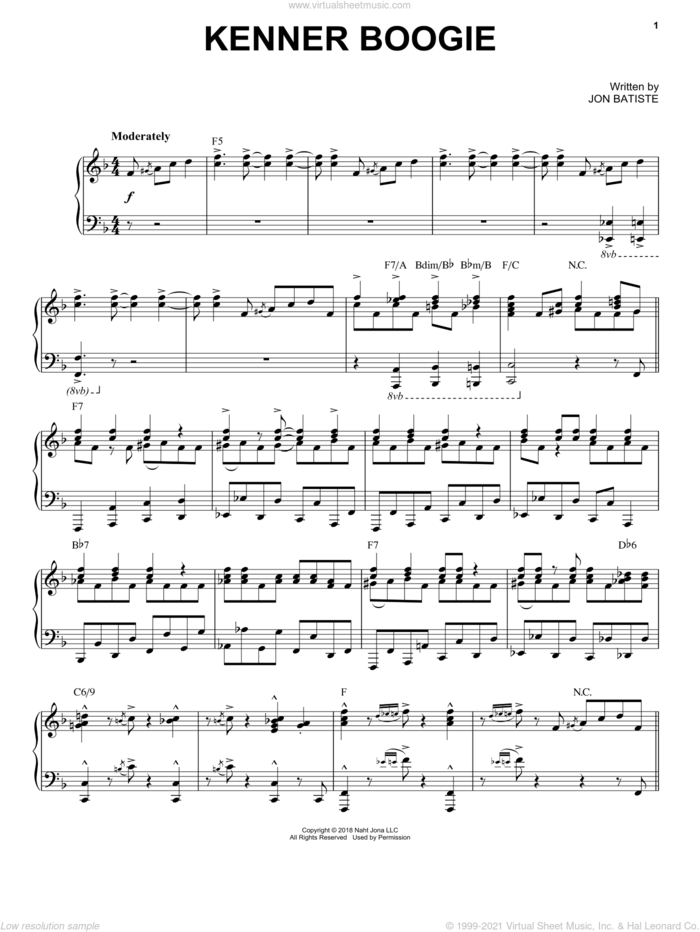 Kenner Boogie sheet music for piano solo by Jon Batiste, intermediate skill level