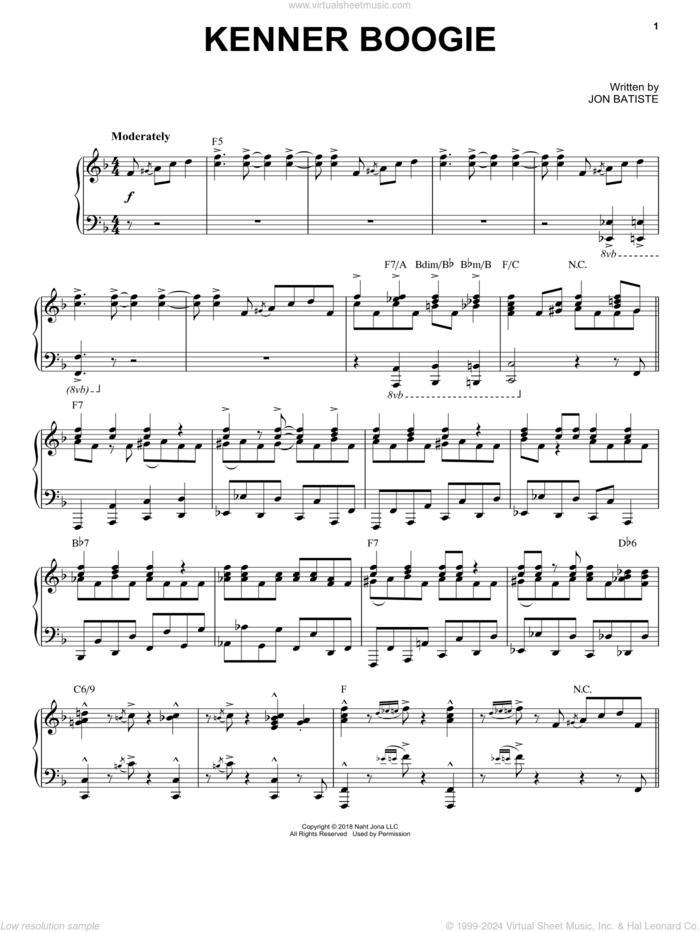 Kenner Boogie sheet music for piano solo by Jon Batiste, intermediate skill level