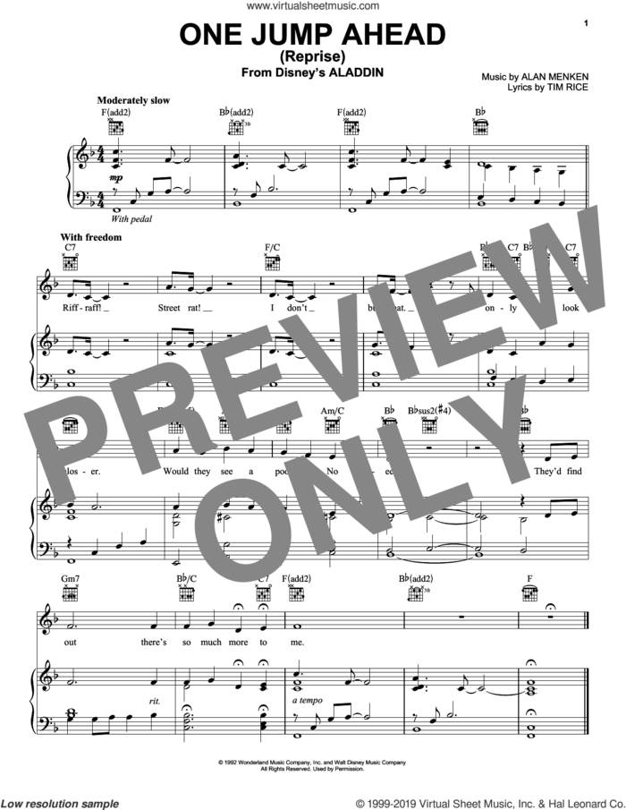 One Jump Ahead (Reprise) (from Disney's Aladdin) sheet music for voice, piano or guitar by Mena Massoud, Alan Menken and Tim Rice, intermediate skill level