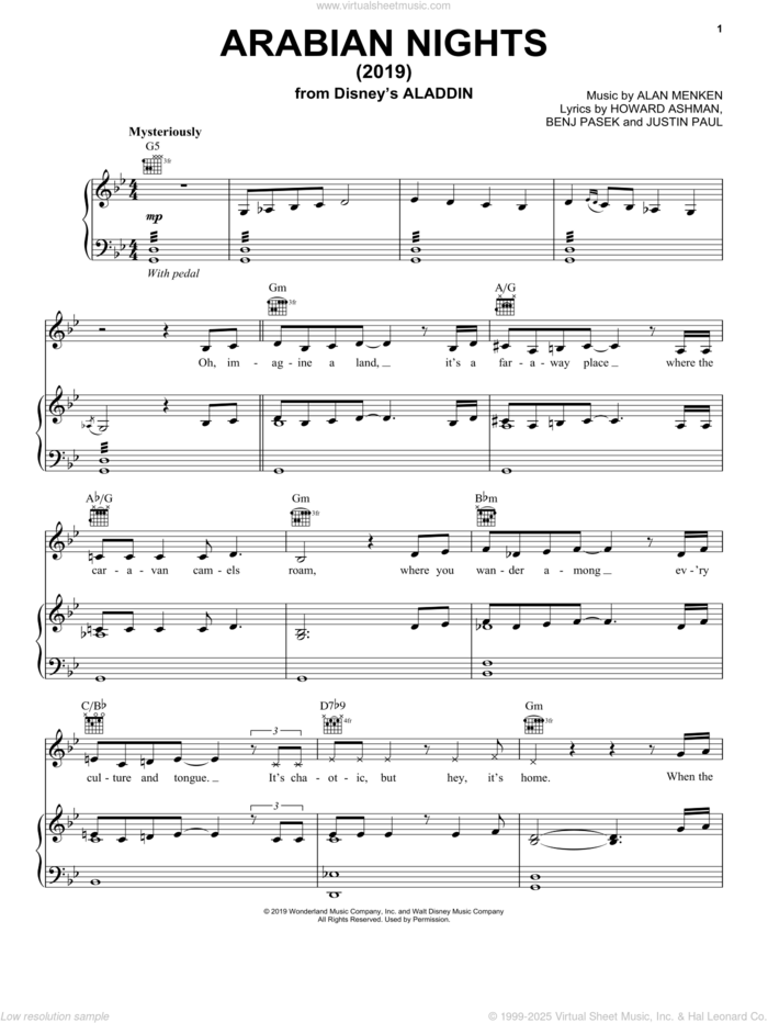 Arabian Nights (2019) (from Disney's Aladdin) sheet music for voice, piano or guitar by Will Smith, Alan Menken, Benj Pasek, Howard Ashman and Justin Paul, intermediate skill level