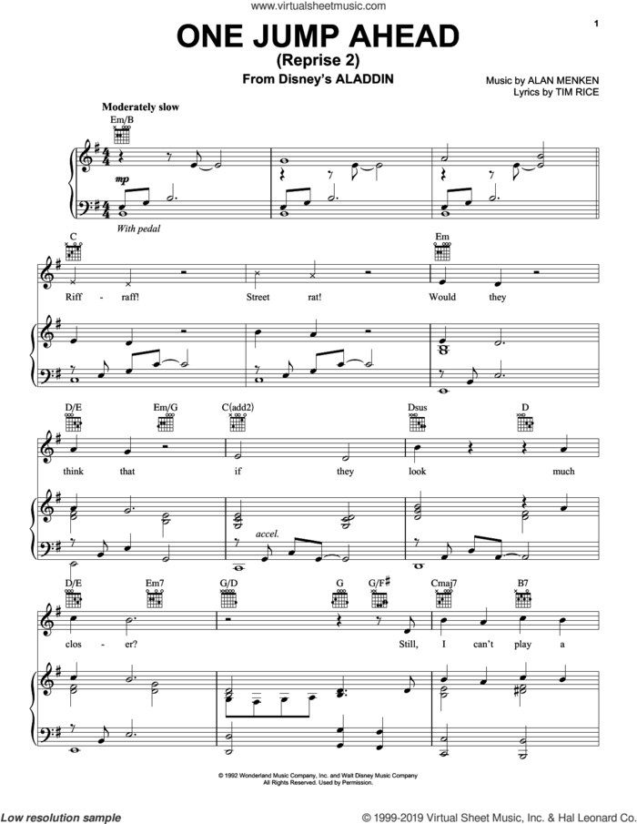 One Jump Ahead (Reprise 2) (from Disney's Aladdin) sheet music for voice, piano or guitar by Mena Massoud, Alan Menken and Tim Rice, intermediate skill level